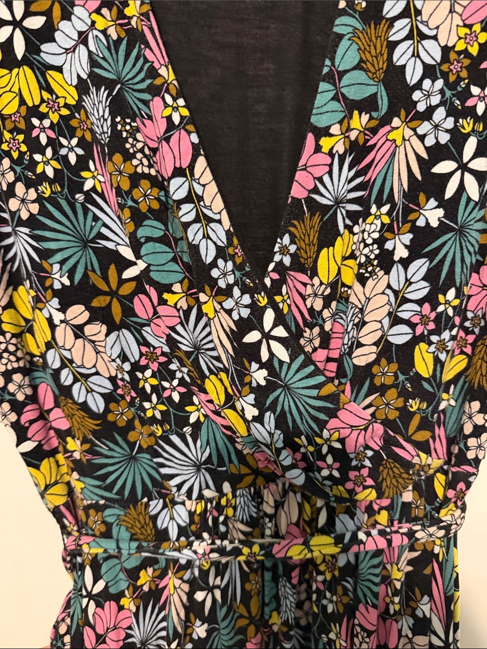 Boden Elenor Jersey Black Floral Faux Wrap Maxi Dress with Pink, Yellow & Blue - Picture 8 of 9